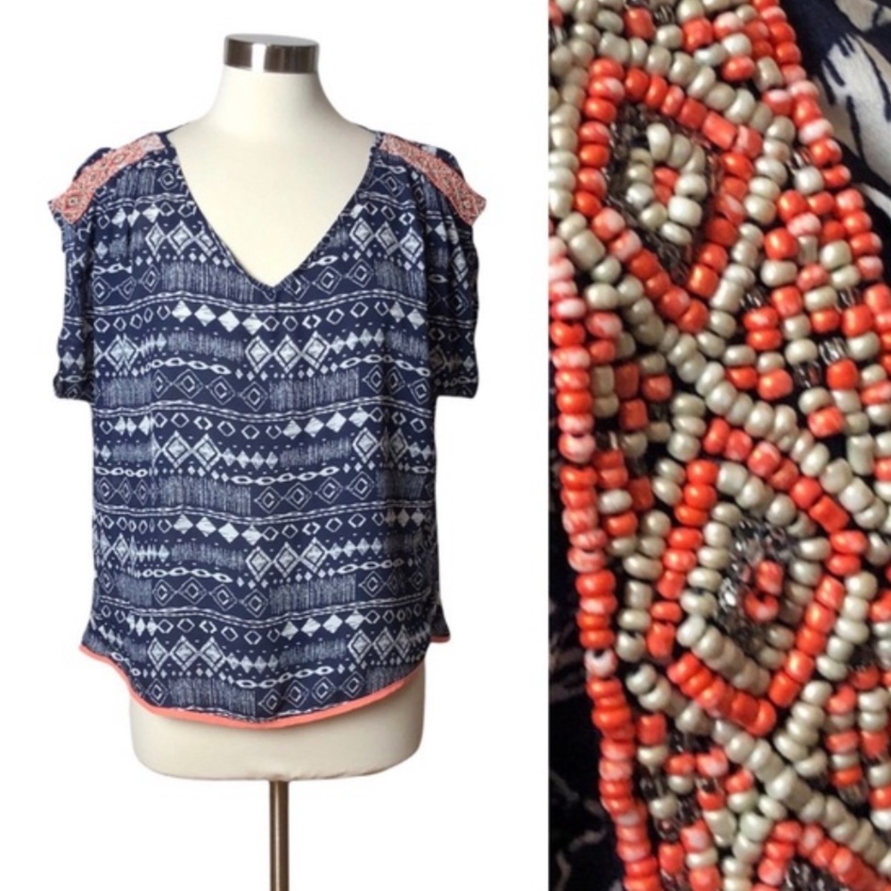 Miss Me Beaded Shoulder Printed Top
